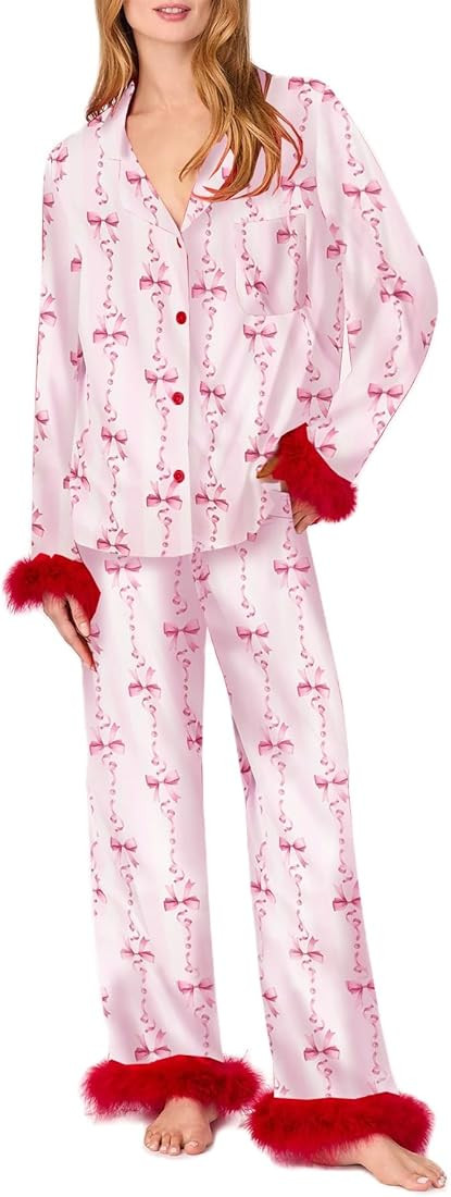 KMBANGI Women Valentine's Day Pajamas Set Heart Print Silk Satin Pjs Feather Trim Long Sleeve Shi... | Amazon (US)