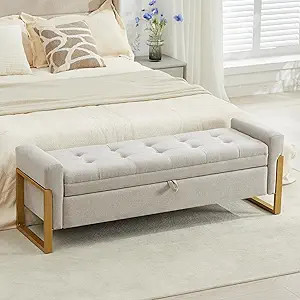 57" Storage Bench, Linen Upholstered Ottoman with Storage, Large End of Bed Bench with Metal Legs... | Amazon (US)