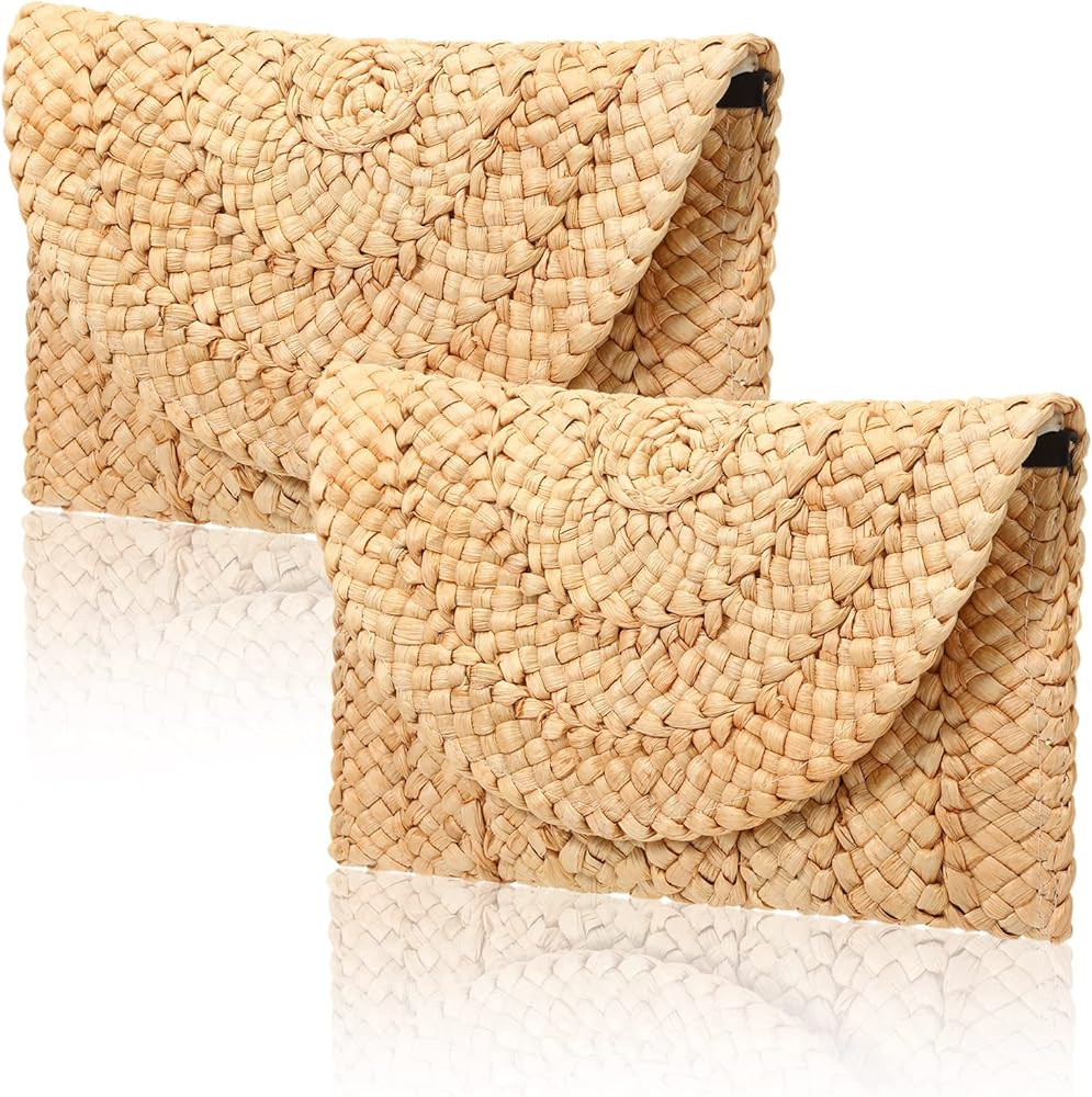 Straw Clutch Purse 2 Pieces Summer Beach Bags Boho Straw Bag Woven Women's Clutch Handbags Small Env | Amazon (US)