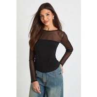 boohoo Women's Mesh Panel Front Long Sleeve Top in Black | Size: 4 | Denim | boohoo (US & Canada)