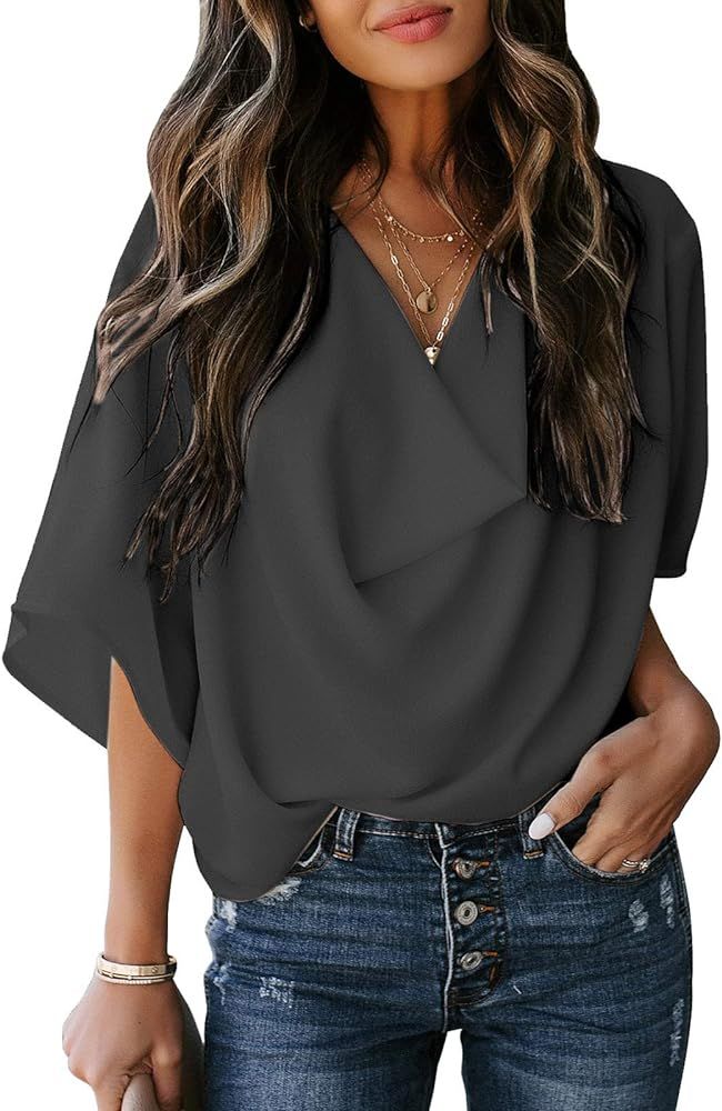 LookbookStore Women's Casual Draped V Neck 3/4 Bell Sleeve Loose Shirt Blouse Top | Amazon (US)