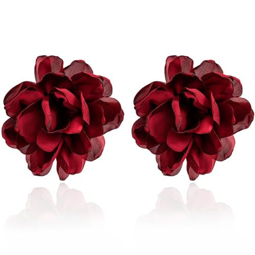 Aksod Large Flower Statement Earrings Red Fabric Flower Earrings Stud Oversized Exaggerated Dangle Earrings Jewelry for Women(Dark Red) | Amazon (US)