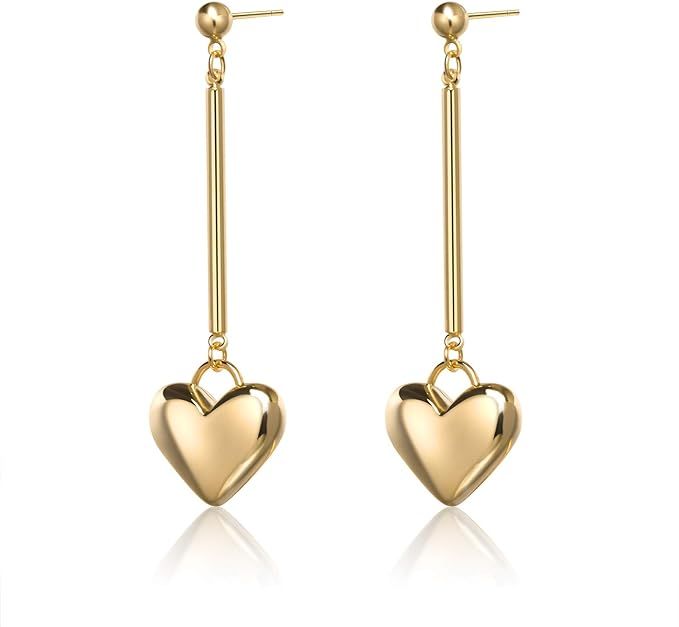 Cowlyn Heart Earrings Love Pendant Long 925 Silver Needle 14K Gold Dangle Drop Stud Cute Jewelry ... | Amazon (US)