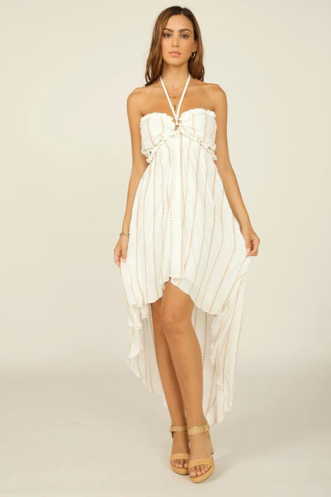 Ivory With Tan Embroidery Rayon Crinkly Cutout Dress | Surf Gypsy