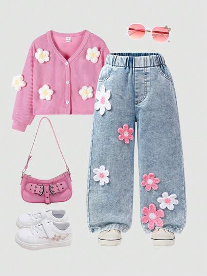 SHEIN 2pcs/Set Young Girls Knit Cardigan Jacket And Wide Leg Jeans Pants Outfit, Spring 2025 Kore... | SHEIN