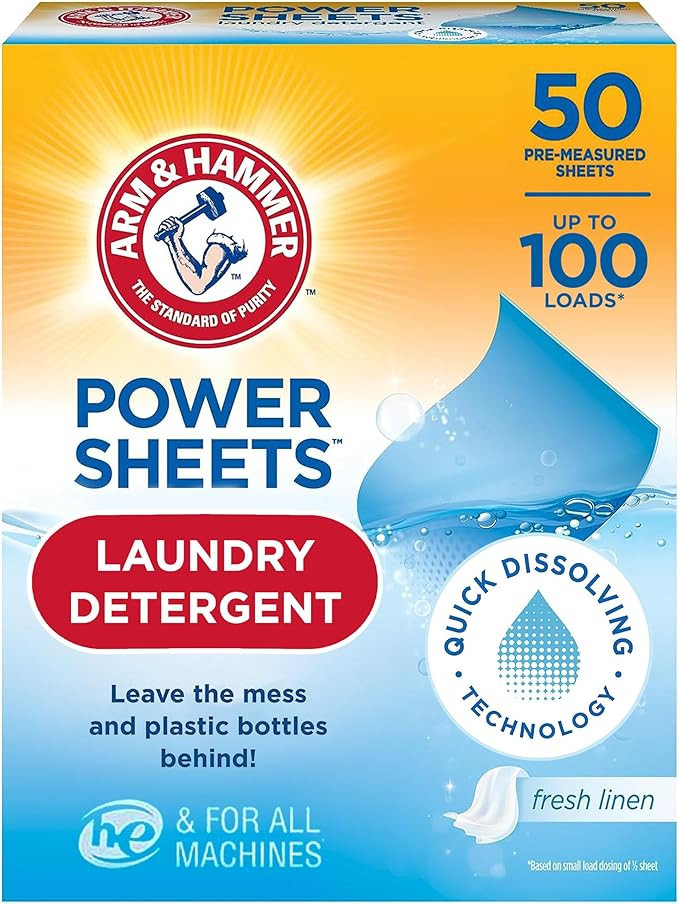 Arm & Hammer Power Sheets Laundry Detergent, Fresh Linen 50ct, up to 100 Small Loads (Packaging m... | Amazon (US)