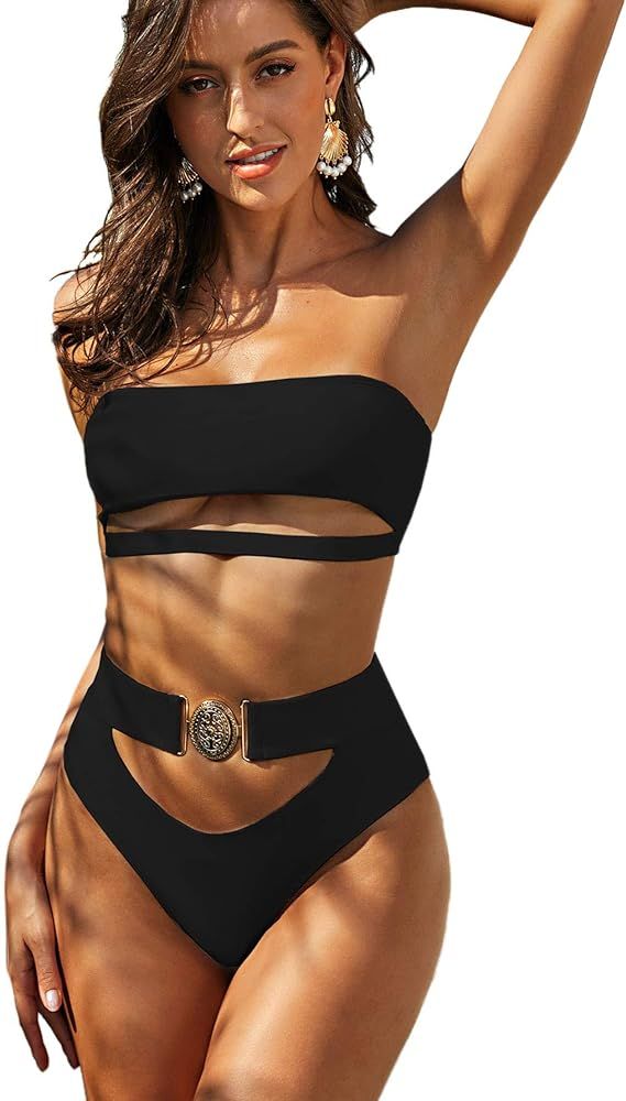 SweatyRocks Women's 2 Pieces Striped Tie Front Bandeau Top with High Waist Bikini Set | Amazon (US)
