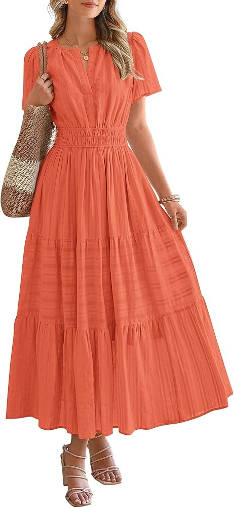 BTFBM Womens Summer 2026 Casual Midi Maxi Dresses Lightweight Short Sleeve V Neck Elastic Waist B... | Amazon (US)