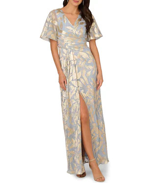 Foiled Leaf Print Surplice V-Neck Short Flutter Sleeve Gown | Dillard's