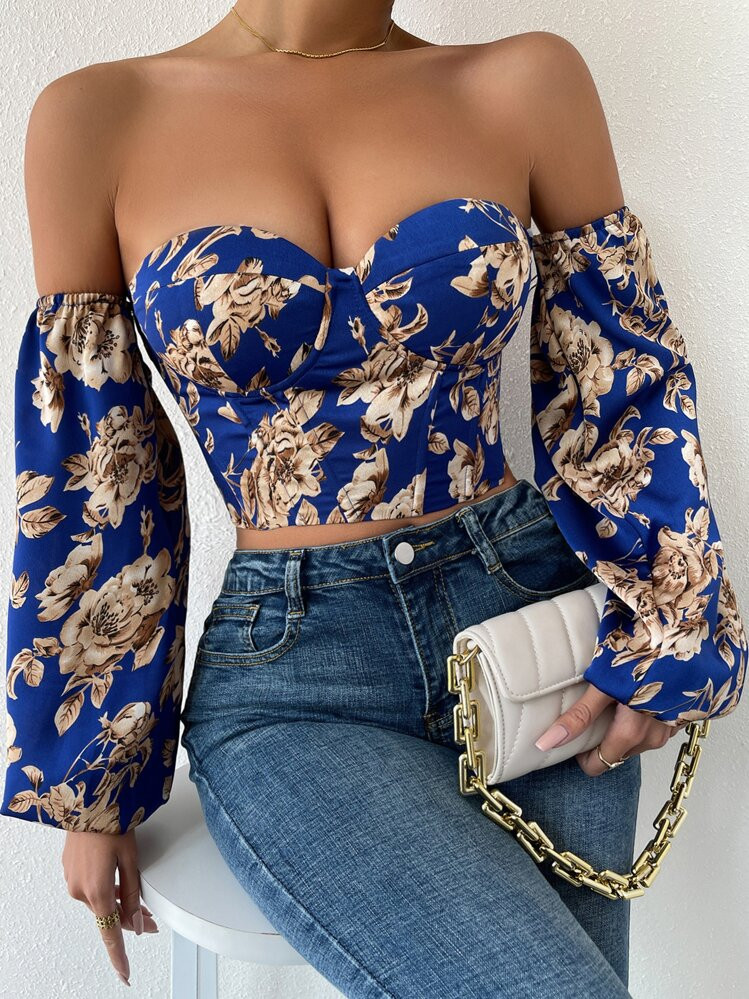 Chiquease Off Shoulder Floral Print Lantern Sleeve Crop Top | SHEIN