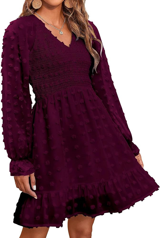 BTFBM Women Long Sleeve V Neck Smocked Short Dress Flowy Casual SwissDot Ruffle Mini Babydoll Sum... | Amazon (US)