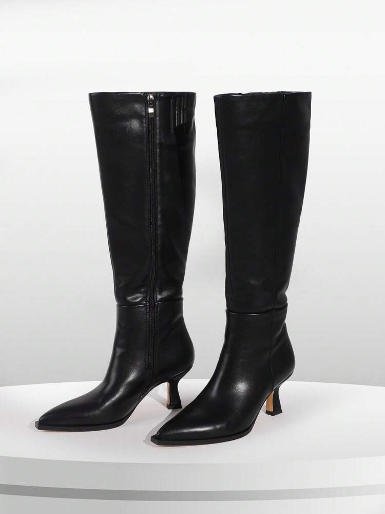 Womens Knee High Western Cowgirl  Boots Wide Calf Boot Pointed Toe Zipper Closure Elegant Kitten ... | SHEIN