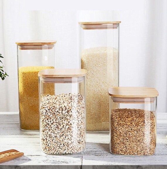 Borosilicate Glass Bamboo Wood Lid Jar - Square Glass Food Storage Jar - Various Volume Tank - Wo... | Etsy (US)