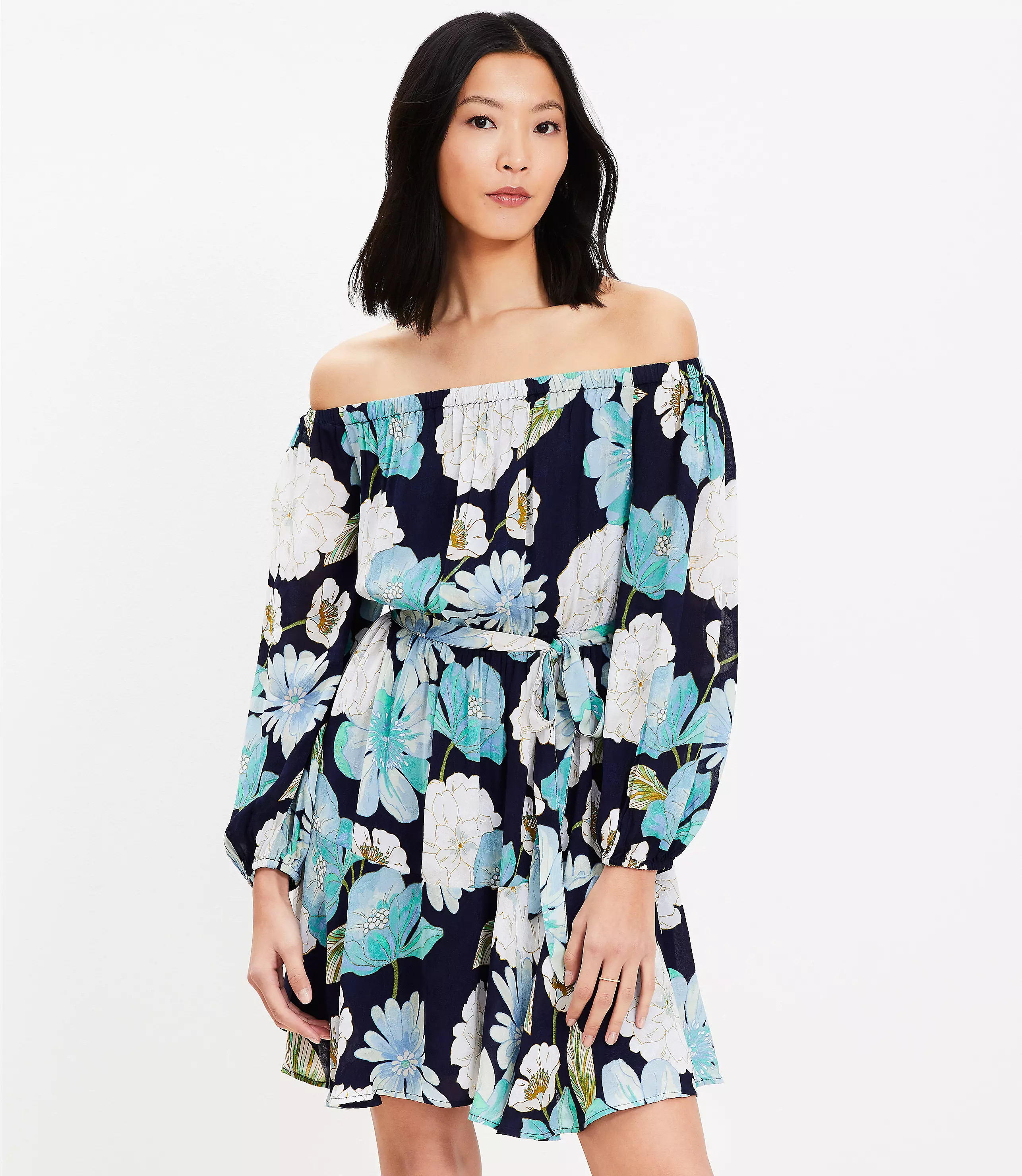 Floral Off The Shoulder Mini Flounce Dress | LOFT