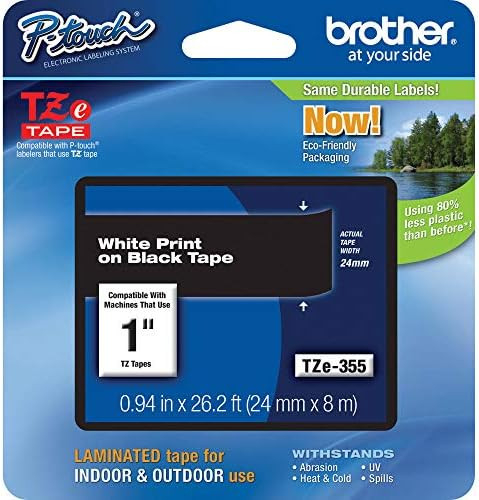 Brother Genuine P-touch TZE-355 Tape, 1" (0.94") Wide Standard Laminated Tape, White on Black, La... | Amazon (US)