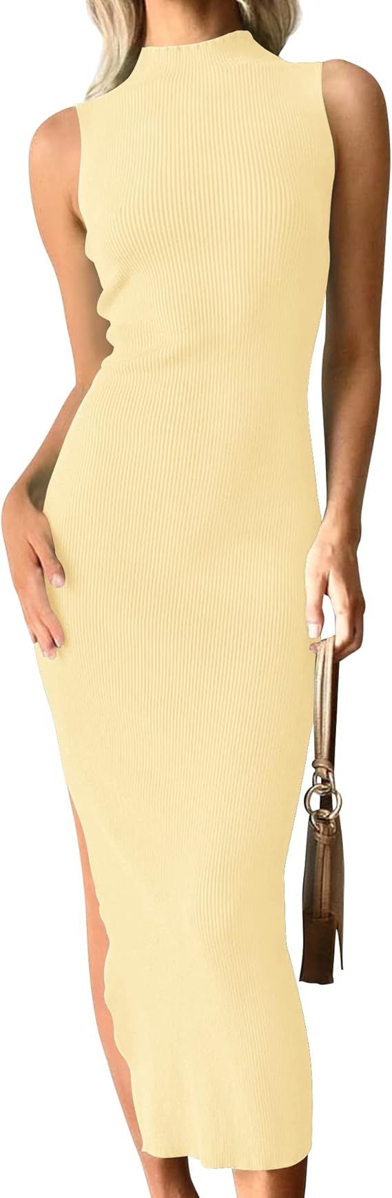 ZESICA Women's 2023 Summer Knitted Sweater Dress Sleeveless Mock Neck Ribbed Side Slit Bodycon Ta... | Amazon (US)