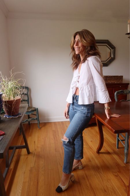 Beautiful white top with cropped Levi’s - added a sling back too

#LTKstyletip #LTKshoecrush #LTKU