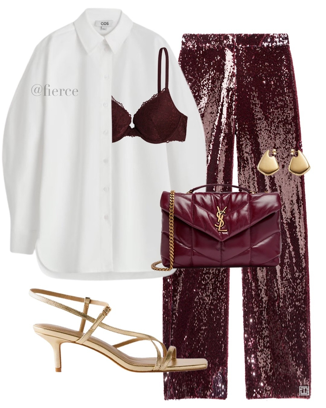 Burgundy sequin trousers white shirt gold heeled strappy sandals burgundy black bra burgundy Ysl padded quilted bag party outfit Christmas NYE party look

#LTKfestive #LTKeurope #LTKuk