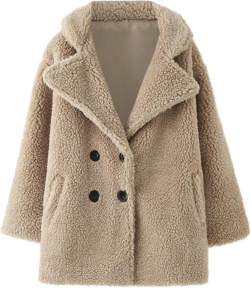 Girls Faux Fur Teddy Long Coat Kids Winter Lapel Fleece Button Down Jacket with Pockets Warm Outw... | Amazon (US)