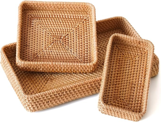 Rattan Serving Tray, Rectangle Basket Set of 3, Wicker Storage and Organizing Baskets, Natural De... | Amazon (US)