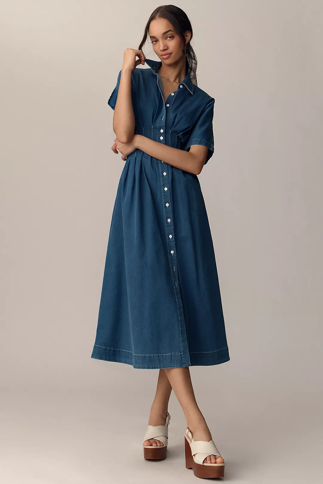 The Tobie Button-Front Pleated Shirt Dress by Exquise: Denim Edition | Anthropologie (US)