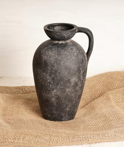 Terracotta Vase with Handle, Black Boho Ceramic Pottery 10inch, Farmhouse Unique Textured Round J... | Amazon (US)