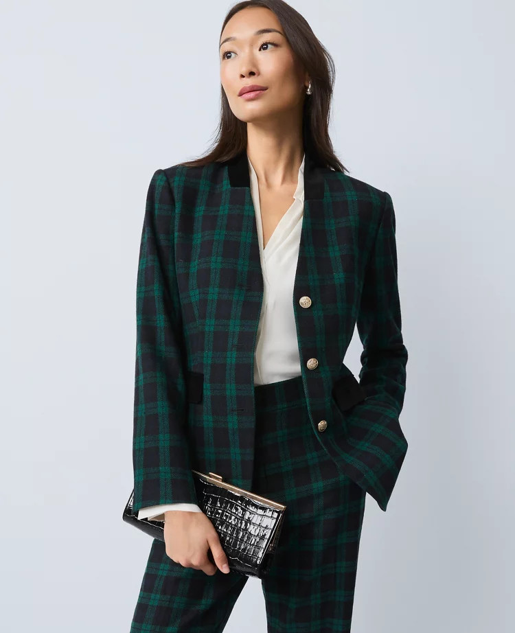 The Long Collarless Blazer in Plaid | Ann Taylor