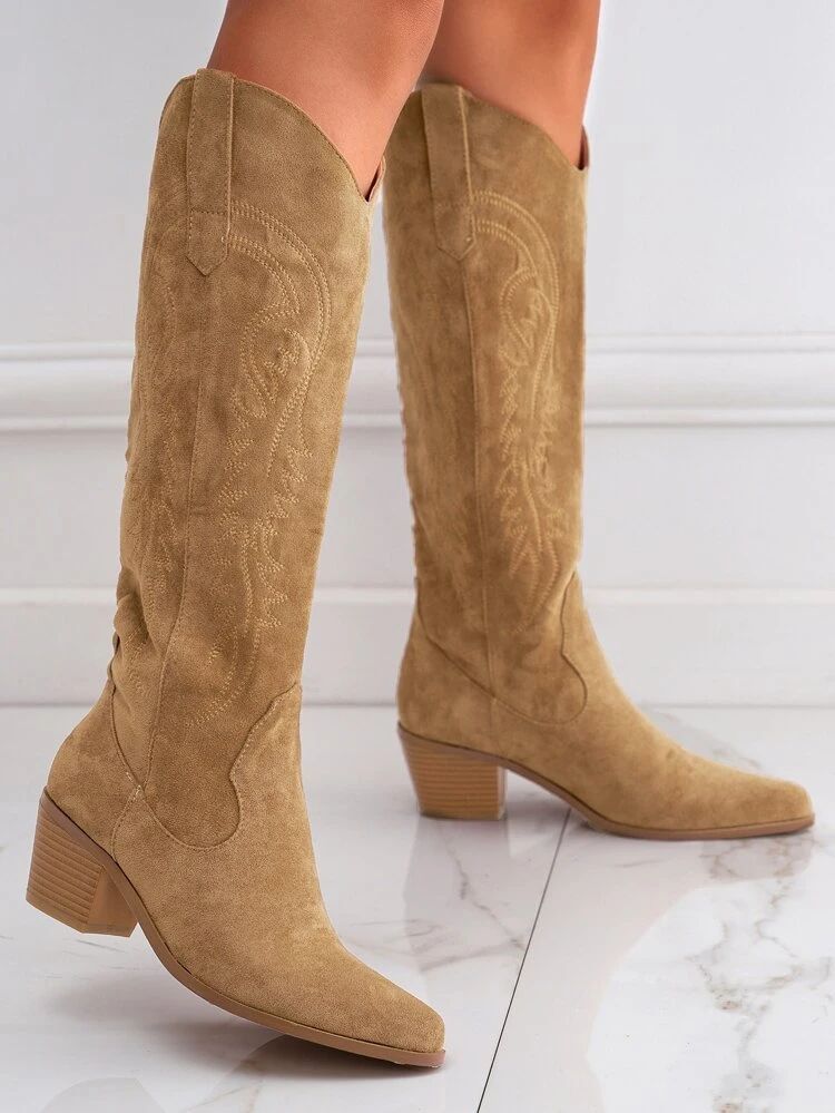 Women Faux Suede Leaf Scroll Embroidered Point Toe Chunky Heeled Western Boots | SHEIN