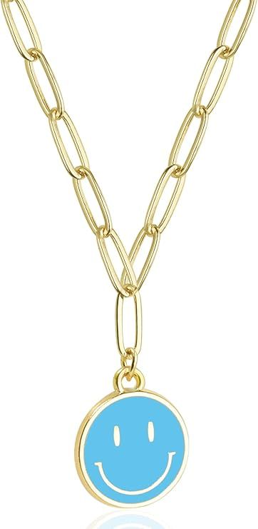 Colorful Smiley Face Necklace 14K Gold Plated Paperclip Necklace Preppy Jewelry Y2K Trendy Neckla... | Amazon (US)