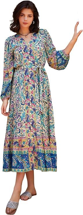 R.Vivimos Women's Long Sleeve Boho Midi Dress V Neck Floral Print Casual Button Down Loose Ruffle... | Amazon (US)