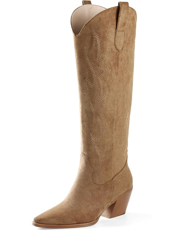 iiimmu Cowgirl Boots Women Knee High Boots Pointed Toe and Block Heel Cowboy Suede and Faux Leath... | Amazon (US)