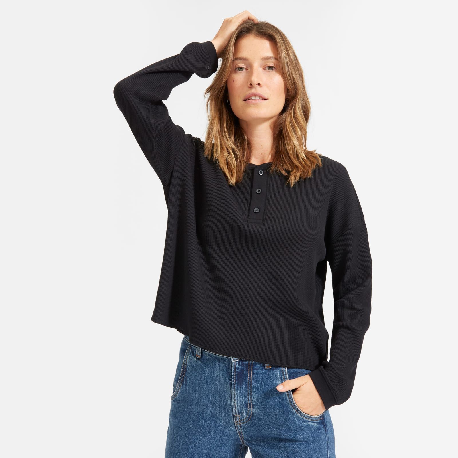 Women's Henley Waffle T-Shirt by Everlane in Washed Black, Size XXS | Everlane