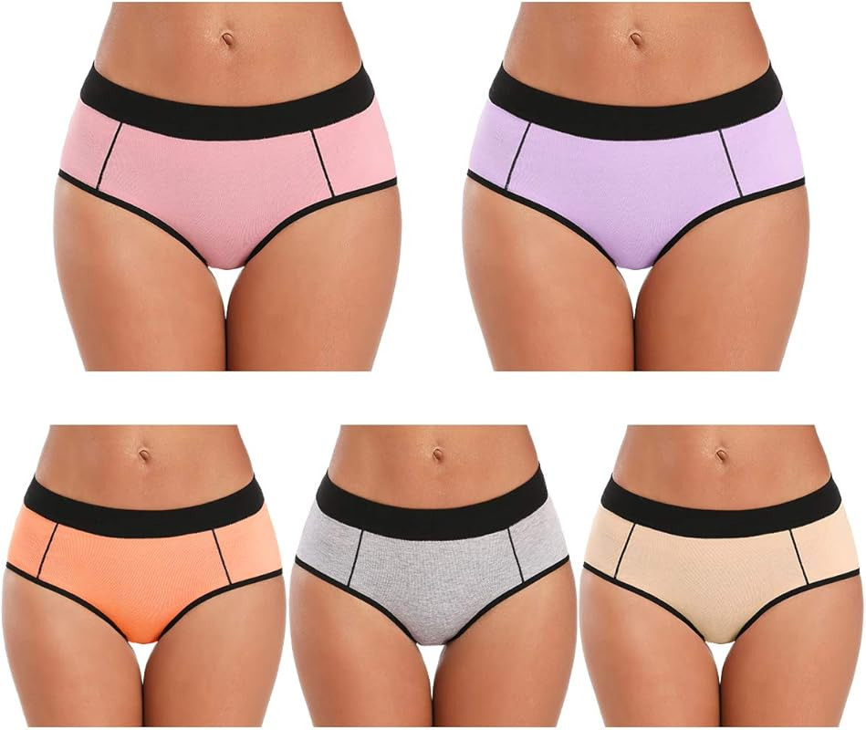 POKARLA Women's Cotton Stretch Underwear Ladies Mid-high Waisted Briefs Panties 5-Pack | Amazon (US)