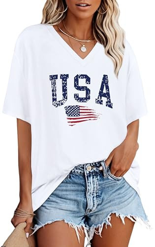Oversized Tshirts for Women V Neck Short Sleeve Summer Casual Basic Loose Tops, White American Flag, L | Amazon (US)