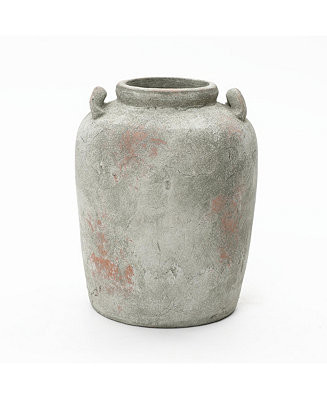 Rustic Old-World Gray with Brown 13.4-Inch Tall Round Terracotta Jug Vase with Handles | Macy's