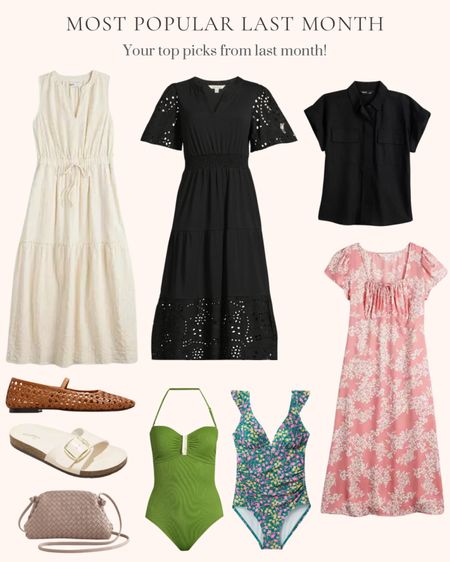 Most popular last month. Your top picks from last month. White tiered midi dress. Black eyelet smocked waist ruffle dress with short sleeves. Cream single band slide sandals with buckle. Green one piece swimsuit with gold detail. Open weave leather ballet flats. Short sleeve button front camp shirt. Floral ruffle shoulder full coverage one piece swimsuit. Pink floral empire waist square neck midi dress. Italian leather hand woven pouch crossbody clutch handbag  

#LTKOver40 #LTKStyleTip