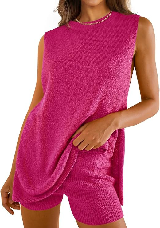 ZESICA Women's Summer Two Piece Sweater Lounge Sets 2024 Casual Knit Trendy Tunic and Shorts Outf... | Amazon (US)
