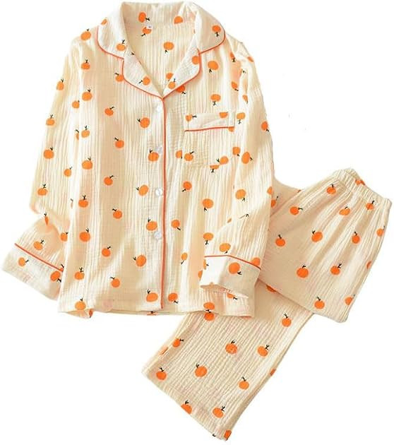 codcm Womens Cotton Gauze Pajama Set Long Sleeve Button Up Shirt and Pants 2 Piece Cute Printed P... | Amazon (US)