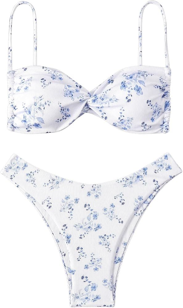 MakeMeChic Women's Twist Front 2 Piece Bikini Sets Floral Print Tie Back High Cut Thong Swimsuit ... | Amazon (US)