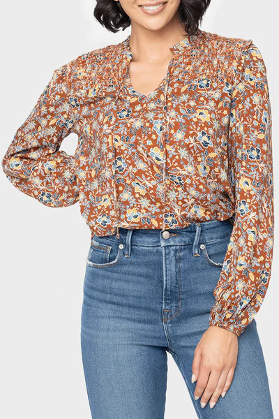 Smocked Yoke Tie Neck Blouson Slv Blouse | Gibson