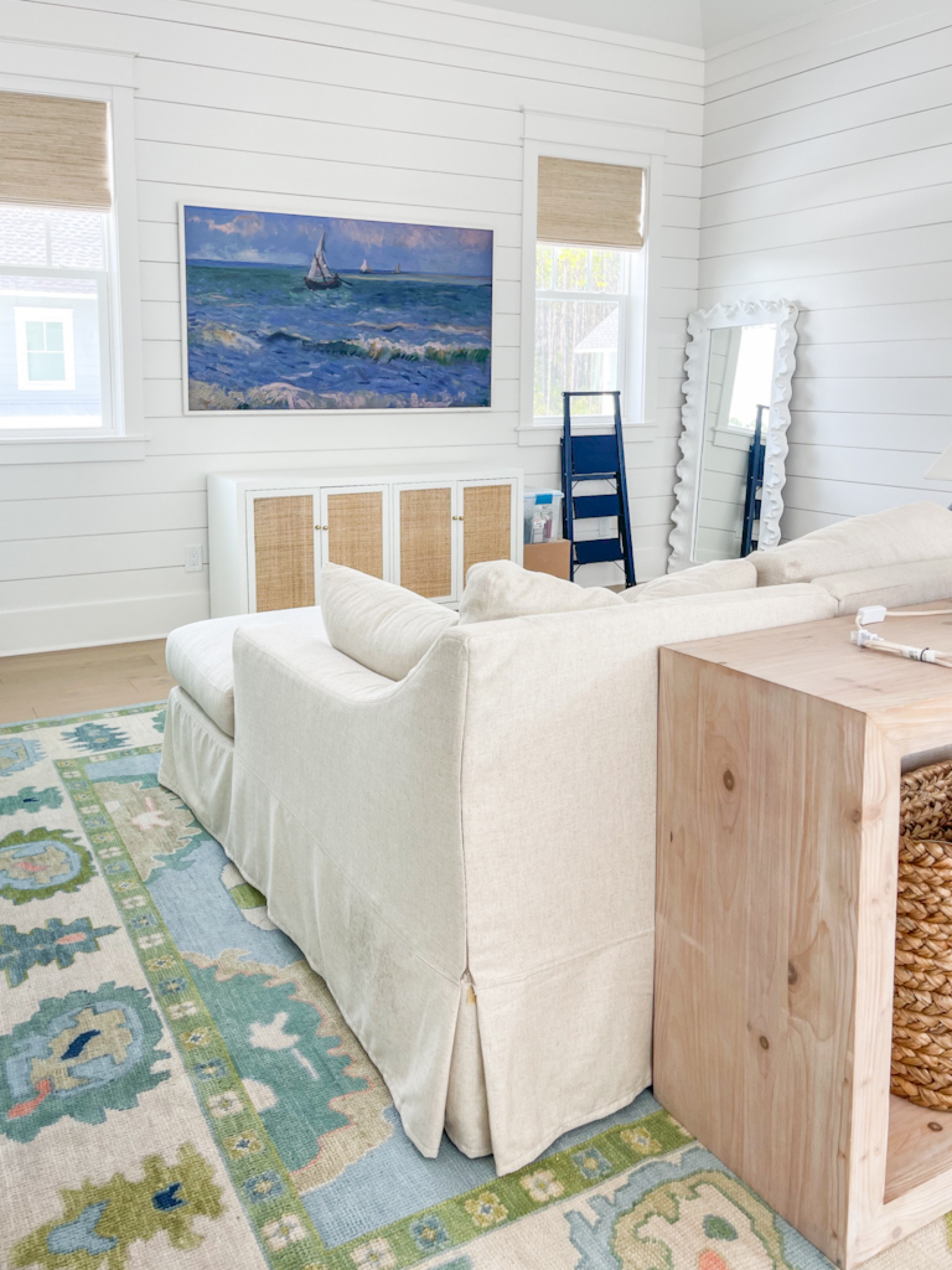 Progress in our upstairs loft living room! We installed these woven wood shades (that are automated) and already love them so much! Also linking our linen sectional, cane cabinet, wood console table, colorful oushak rug, slim stepstool and coral style mirror!
.
#ltkhome #ltkseasonal #ltkfindsunder50 #ltkfindsunder100 #ltkstyletip #ltkfamily #ltksalealert

#LTKhome #LTKfindsunder100 #LTKsalealert