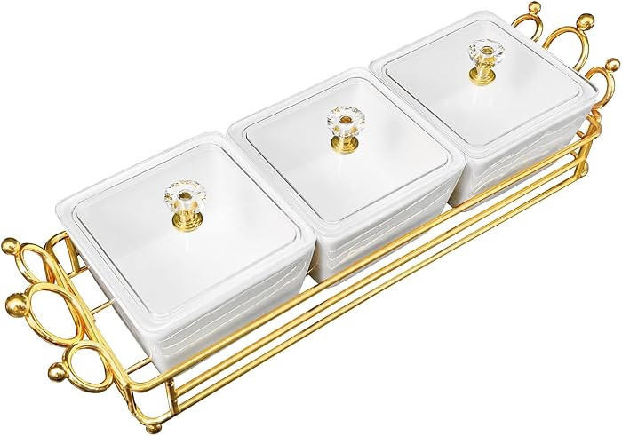 YA JU Ceramic Bowls and with Lid Gold Basket Trays, 3 Removable Small Bowls Condiment Trays Nut S... | Amazon (US)