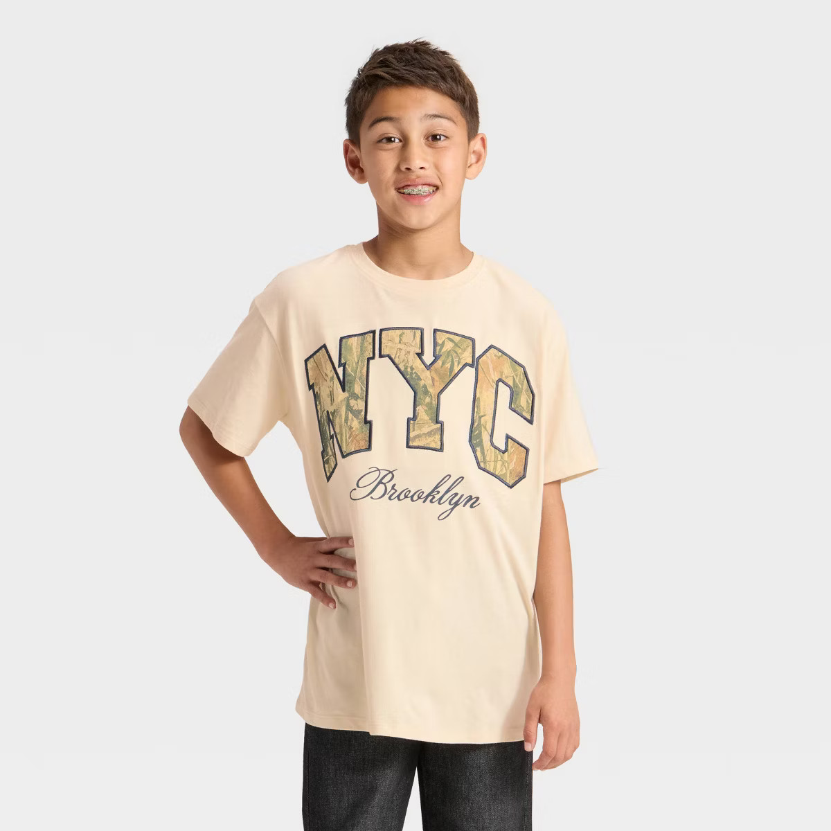 Boys' Camo NYC Brooklyn Oversized Short Sleeve Graphic T-Shirt - Beige | Target