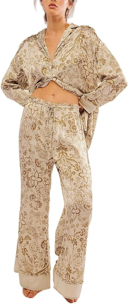Womens Y2k Silk Pajama Sets Floral Print Long Sleeve Button Down Shirts Wide Leg Pants 2 Piece Lo... | Amazon (US)