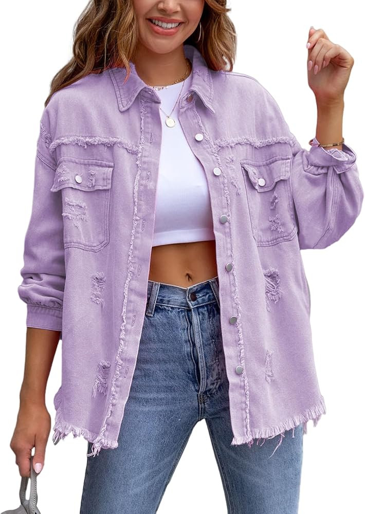 Bornpom Jean Jacket Womens Denim Jacket Oversized Long Sleeve Denim Shacket Ripped Distressed Coa... | Amazon (US)