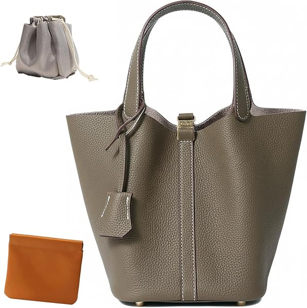 Genuine Leather Bucket Bag, Top-Handle Satchel Handbag with Lock | Amazon (US)