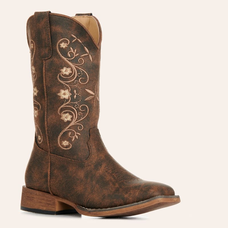 Roper Kids' Bailey Brown & Tan Embroidered Faux Leather Wide Square Toe Cowboy Boots | Cavender's