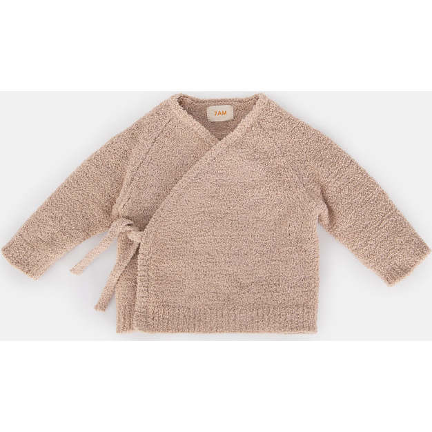 Fuzzy Ribbed Hem Long Sleeve Wrap Top, Pecan | Maisonette