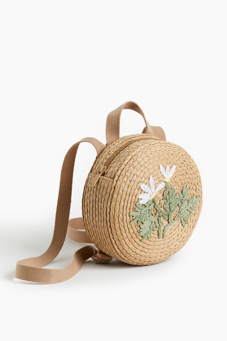 Round Paper Straw Backpack - Beige/flowers - Kids | H&M US | H&M (US + CA)