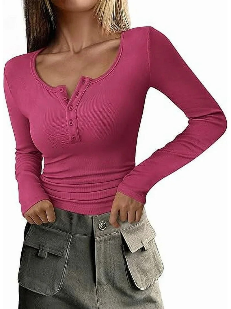 PRETTYGARDEN Women's 2026 Spring Fall Long Sleeve Henley T Shirts Button Ribbed Knit Slim Fit Cas... | Walmart (US)